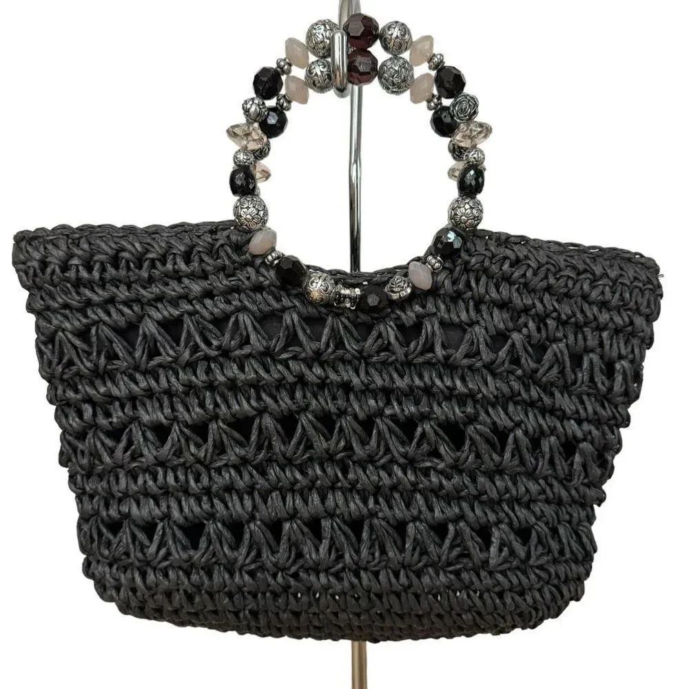 Kelly & Katie woven black tote with round beaded handles 100% Toyo